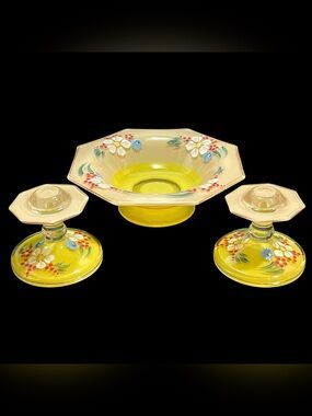 Vintage 1930s Indiana Glass Modern Classic Hexagonal Console Bowl Candle Holders